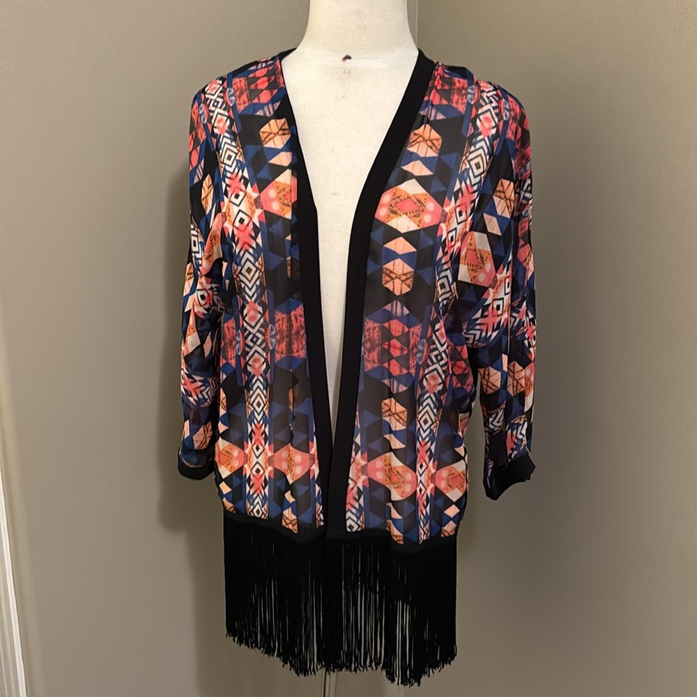 Peck and Peck Open Front Cardigan Fringe Hem Size Medium
